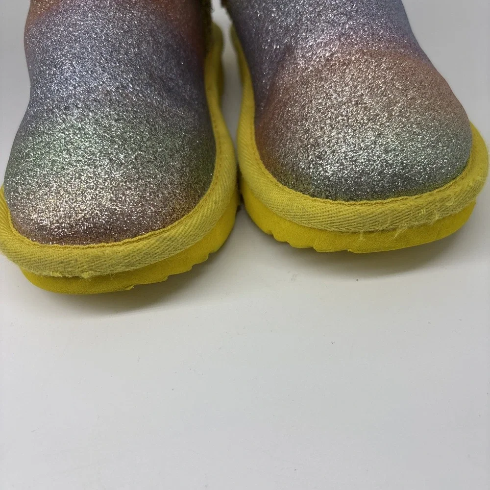 UGG Little Girl 10 Rainbow Glitter Yellow Trim Classic Short Shearling Fur Lined